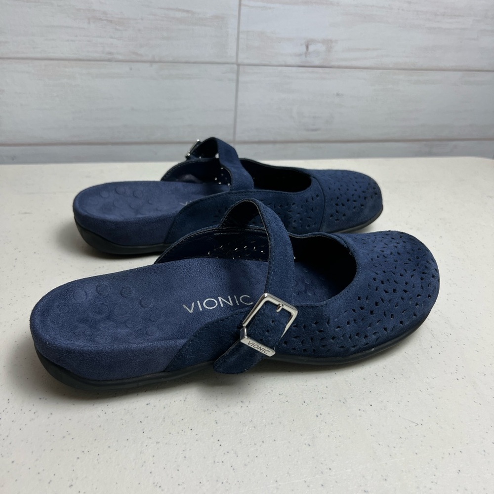 Vionic Shoe Women 10 Lidia Slip On Mule Buckle Mary Jane Perforated Blue Comfort